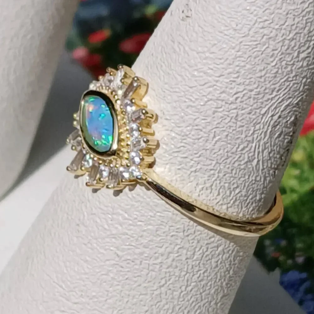 NWT Vintage Genuine Opal Solid Sterling Silver Gold Over Evil Eye Ring Size 7